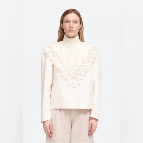 Sea New York Fringe Trim Cream Wool Crochet Cable Knit Collar Sweater Poncho 6 - Picture 5 of 14